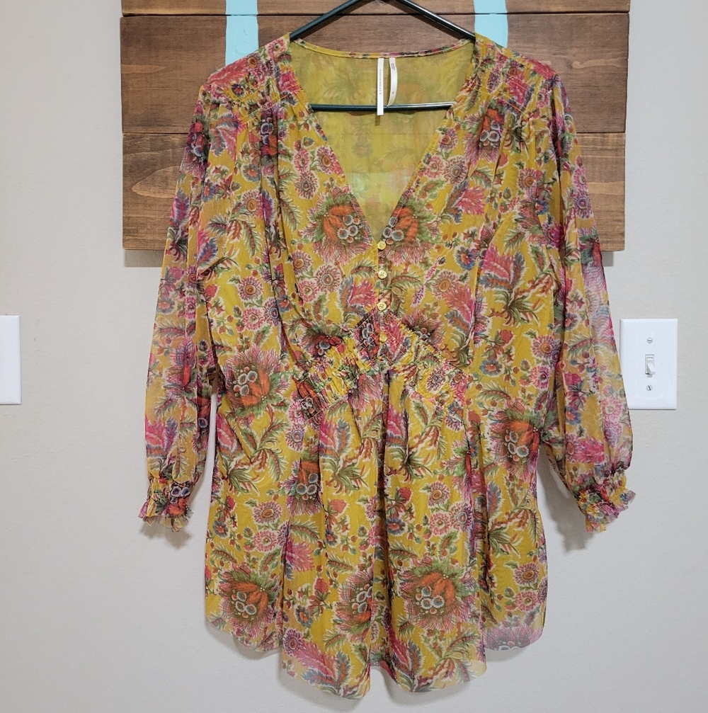 By Anthropologie Gretchen Smocked Tunic Bohemian Floral Mesh Top Size XL